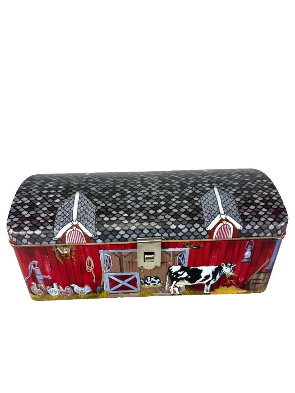 Vintage Red Barn Farmhouse Metal Storage Tin Chest Animals 13"L x 6.75"W x 5.5"H